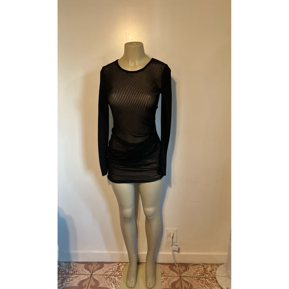 House of Dagmar Black Mesh Knit Draped Mini Dress Long Sleeve XS